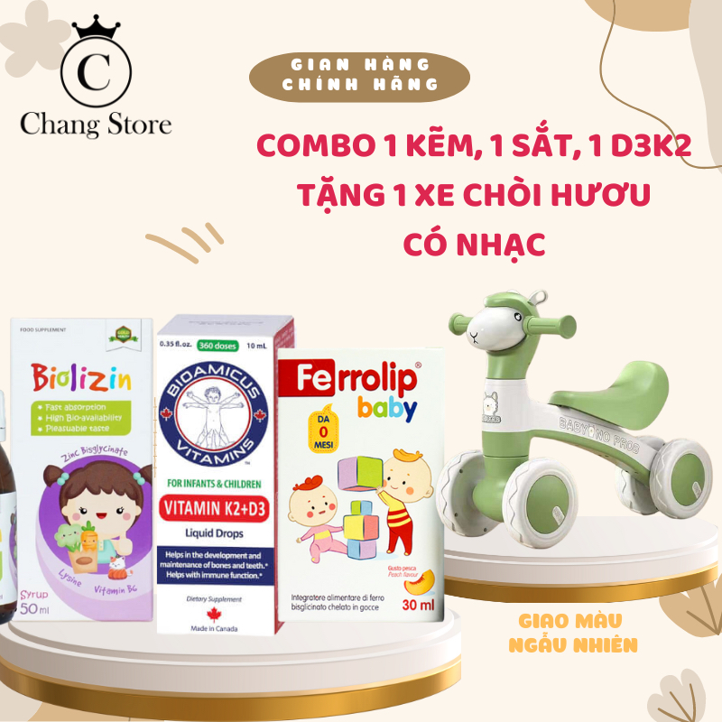 [TẶNG XE CHÒI HƯƠU ] Combo 3 lọ vitamin D3k2 Bioamicus, Kẽm hữu cơ Biolizin và sắt hữu cơ Ferrolip b