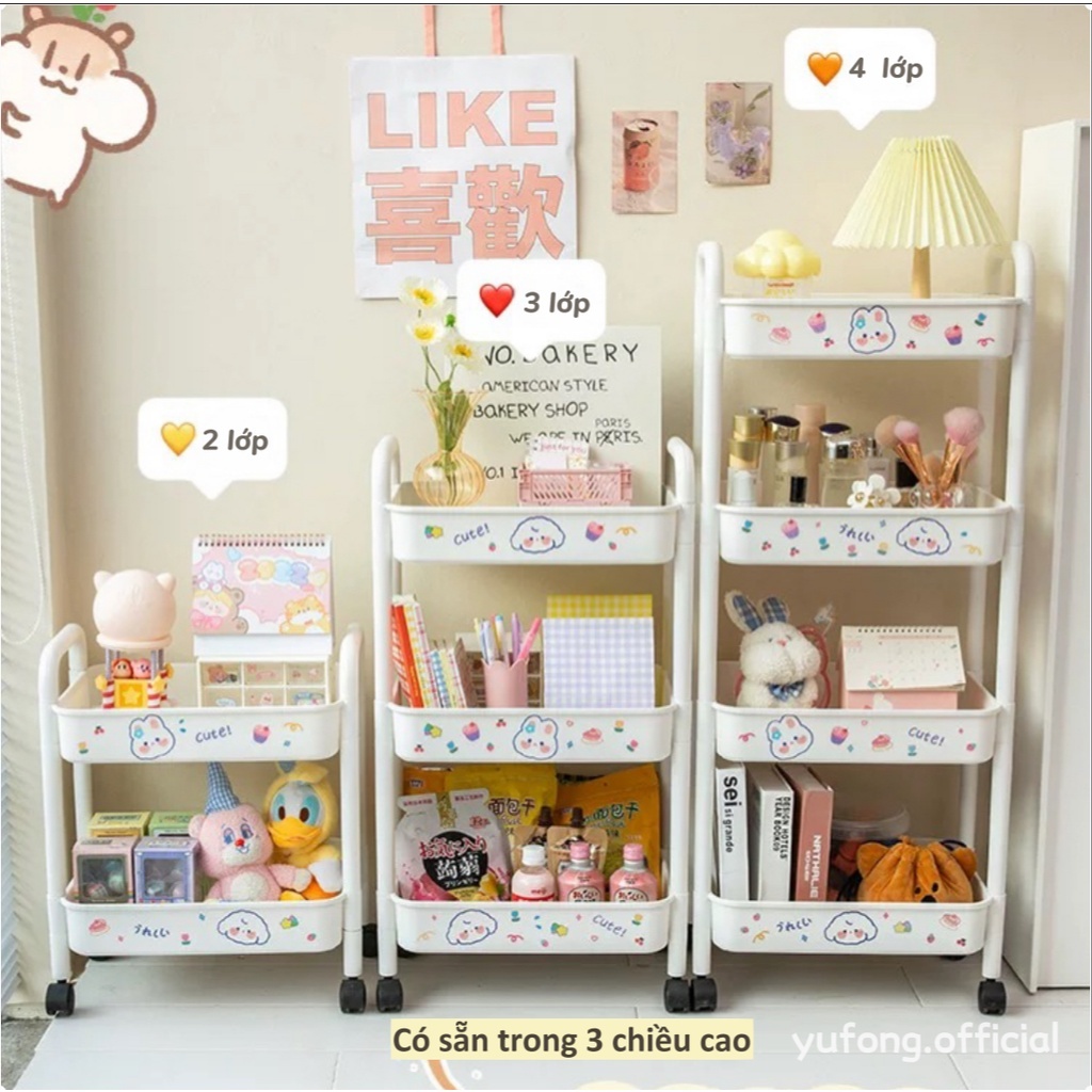 Kệ Đựng Đồ Đa Năng 3 tầng , Giỏ Để Đồ 3 Tầng 4 Tầng Có Bánh Xe Di Chuyển Tặng Kèm Sticker Dễ Thương