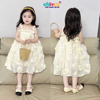 Set váy bé gái đính hoa nổi siêu hot, váy cho bé gái chất voan lụa 2 dây đính hoa hồng nổi cho nàng thơ của mẹ