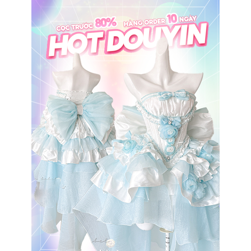 Set Đầm Lolita 𝗣𝗼𝘀𝗵𝗲𝗽𝗼𝘀𝗲 Xanh Trắng Phối Nơ Đuôi Dài