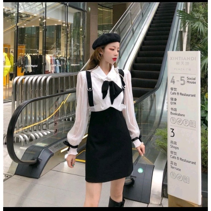 Váy đầm công sở thanh lịch dáng chữ A màu đen phối áo trắng tay dài thắt nơ cổ, đầm liên công sở