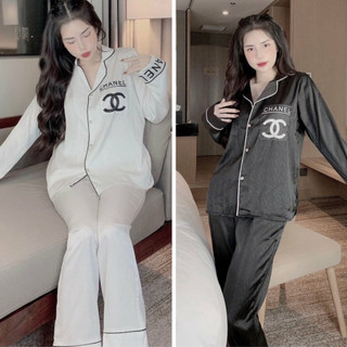 Đồ Bộ, Đồ Ngủ Tay Dài Họa Tiết Thêu CC, Chất Liệu Lụa Xước Phong Cách Quảng Châu , Free Size 40-58kg