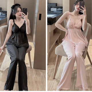 Đồ Bộ Nữ 2 Dây Phối Ren Có Mút Ngực, Quần Dài Lụa Latin, Free size 40-56kg