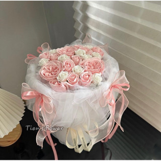 Bó hoa sáp 20 bông mix màu voan và nơ nhỏ tông màu pastel