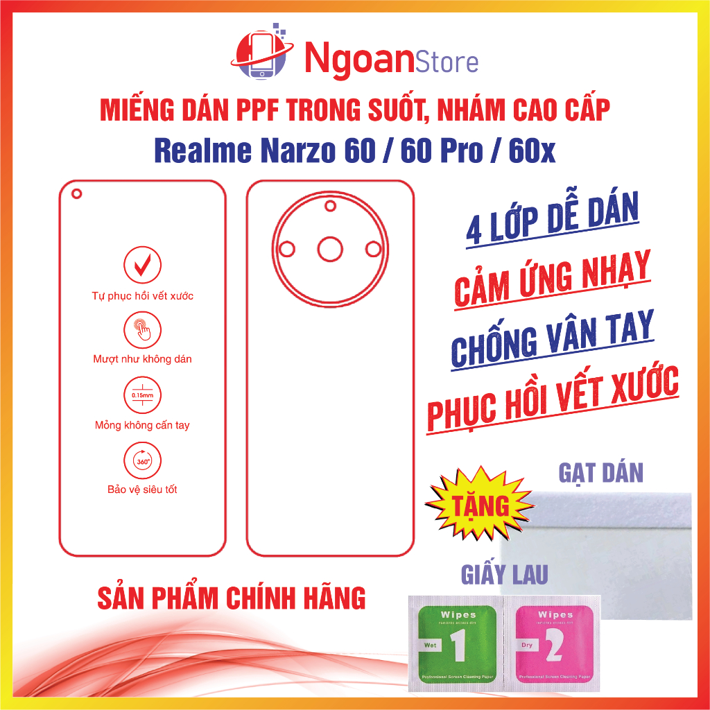 Miếng dán PPF Realme Narzo 60 / 60 Pro / 60x chống vân tay phục hồi vết xước - Ngoan Store