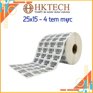 Giấy in mã vạch khổ 25x15 mm, 4 tem/hàng, cuộn 50m, giấy in mực