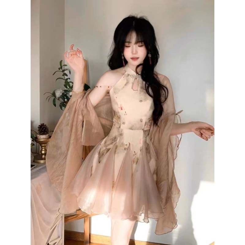 Đầm xoè cổ yếm kèm áo khoác,váy hoa mix áo đi chơi, dự tiệc VM390 Dress Nữ