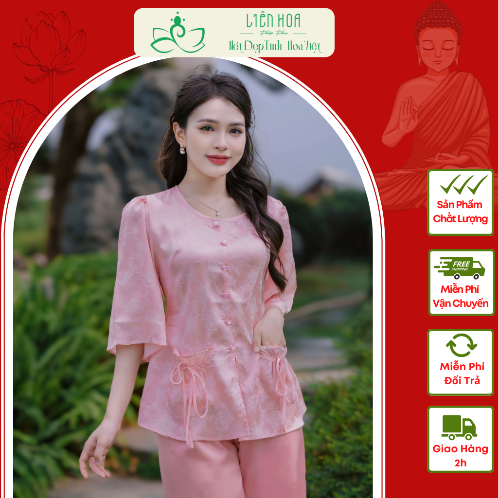 Pháp Phục Liên Hoa - Set Lụa Nhật 2 túi Cúc Đá siêu xinh (có kèm quần lụa)