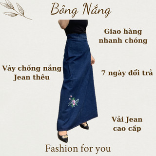 Váy chống nắng Jean cao cấp dạng quây có thêu hình, quây trùm chân trống nắng Jean in họa tiết