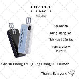 Sạc Dự Phòng TZ02 Dung Lượng 20000mAh,PKBA Tích Hợp 2 Dây Sạc Nhanh, Nhỏ Gọn Tiện Lợi DC38