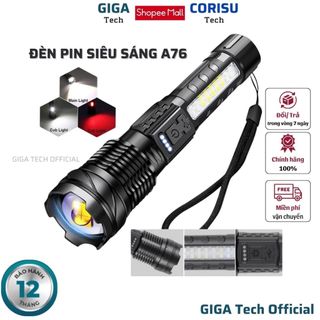 Đèn pin siêu sáng A76 CORISU chiếu xa 300m có Zoom xa gần, chống nước IPX4 pin trâu chip Led - Hàng chính hãng