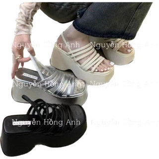 Giày sandal y2k quai dây da nhiều lớp đế xuồng cao 7p chun sau sd200