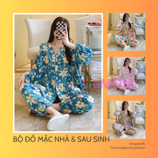 Bộ đồ dài tay chất Lanh lụa cao cấp dáng rộng mặc nhà, mặc sau sinh mùa hè