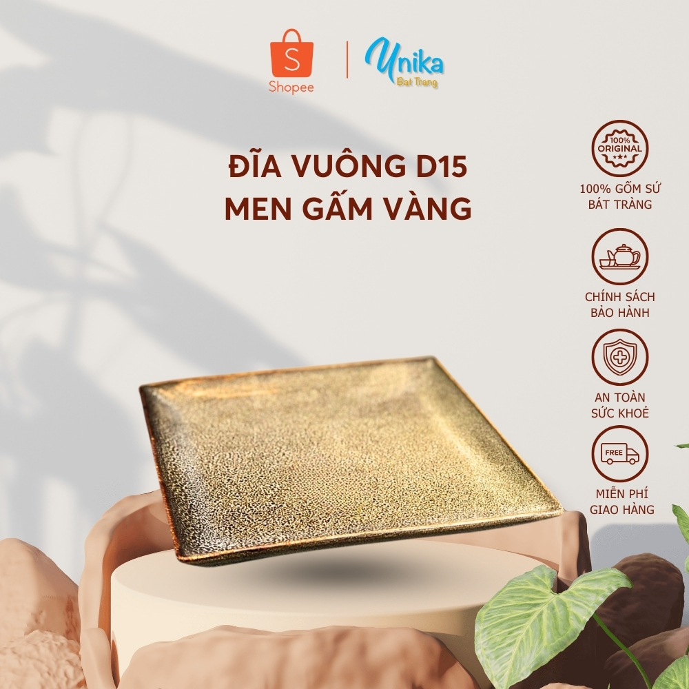 Đĩa Vuông D15 Men Gấm Vàng - Khay Vuông D15 Men Gấm Vàng - Gốm sứ cao cấp Bát Tràng