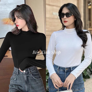 Áo Thun Cổ Lọ Tay Dài Vải Thun Gân Tăm Thanh Lịch Dễ Thương Bigsize 55-95kg Top Nữ Đen - A.1250