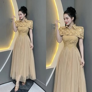 Sét thiết kế đi tiệc gồm đầm 2 dây phối lưới dáng xòe dài và kèm khoác choàng vai phối nhiều nơ X freesize