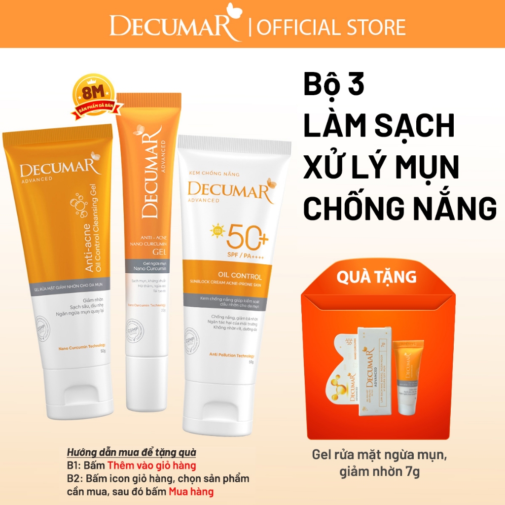 Combo Decumar Advanced gồm 1 Gel ngừa mụn, 01 Gel rửa mặt, 01 kem chống nắng giành cho da mụn hoàn toàn mới