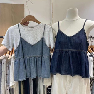 Áo 2 dây chất denim 1190, Áo tank top nữ cổ chữ V