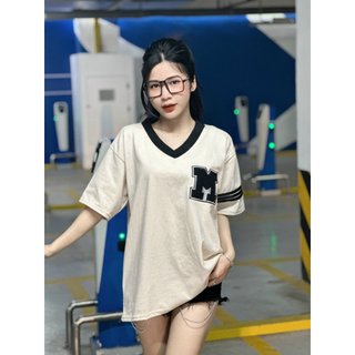 Áo thun nữ cổ tim dáng thụng Hàn Quốc, Áo thun phối viền chất Cotton thoáng mát ảnh thật