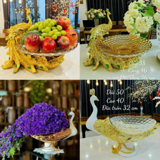 Khay đựng hoa quả, Đĩa chim công cắm hoa, Bình cắm hoa con công thuỷ tinh, Bình hoa decor mạ vàng siêu đẹp