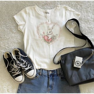 Áo Thun BabyTee Tay Ngắn Cổ Tròn In Thỏ Phong Cách Vintage Coquette Cotton 100% Pinterest Girl