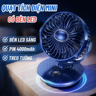 Quạt Tích Điện Mini Có Đèn Led Pin 4000mAh Có Thể Gắn Tường Hoặc Treo Lên, Quạt Để Bàn Tích Điện Tích Hợp Đèn Led
