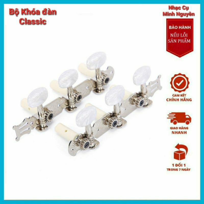 Bộ Khóa Đàn Guitar CLASSIC bạc núm trắng chống rỉ ( 2 bên kèm đủ ốc vít)