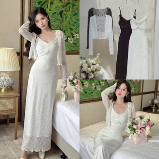 Bigsize Set váy ren hoa hai dây maxi kèm áo khoác tay dài 55-95kg