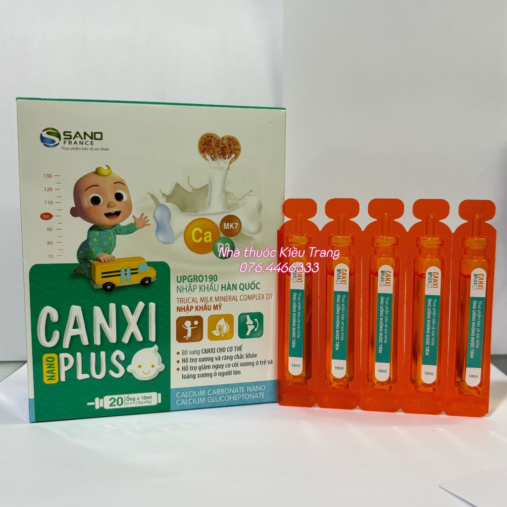 Canxi Nano Plus Sanofia, giúp xương răng chắc khỏe, giảm còi xương, tăng chiều cao - Hộp 20 ống