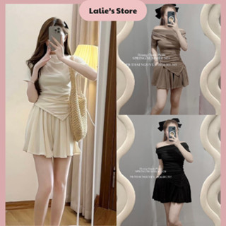 Set Bộ Đồ Nữ Áo Thun Tăm Cổ Thuyền Vạt Chéo Mix Chân Váy Xếp Ly Set Đồ Girl Phố Áo Trễ Vai Phối Chân Váy Xòe 2 Lớp