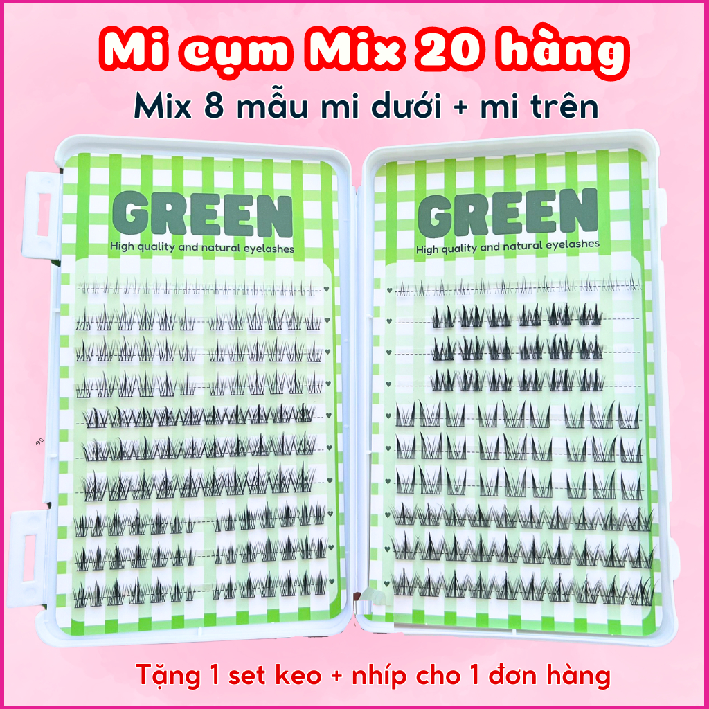 Mi Giả Tách Cụm Mix 20 Hàng Có 8 Mầu Mi Dưới Và Mi Trên Tiên Lợi Tái Sử Dụng Nhiều Lần Thuỷ Mi GREEN