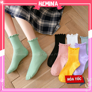 Tất Nữ Cổ Cao Hemina Vớ Cổ Cao Màu Trơn Chất Len Gân Thời Trang Vintage TN30