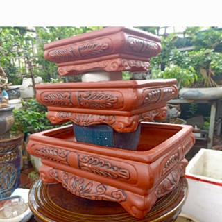 Chậu bonsai chữ nhật nung có chân đế
