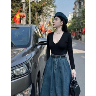 Set Váy Jean Dáng Dài Xoè Nhẹ Set Jean Set Áo Thun Cổ V Dài Tay cv Jean Thanh Lịch Công Sở Thun - Thời Trang Nữ Giá Rẻ