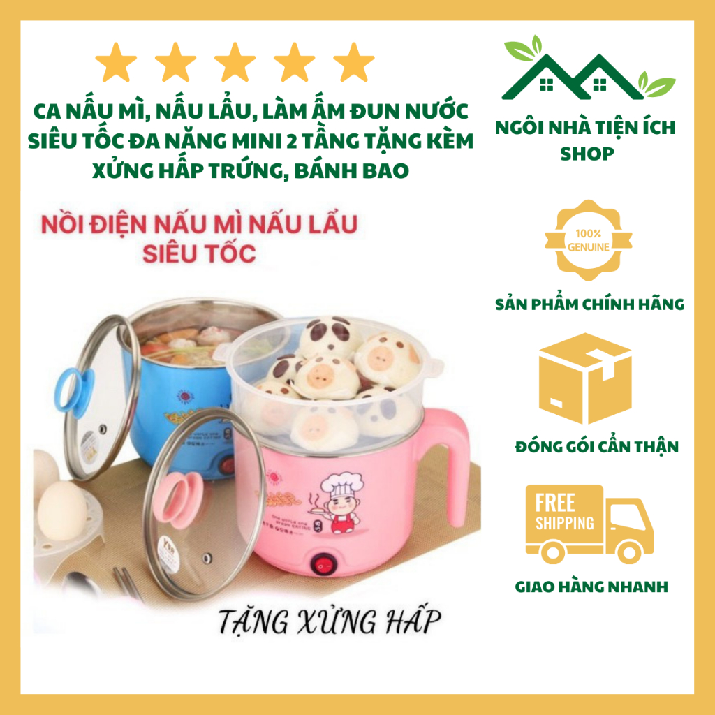 Ca Nấu Mì, Nấu Lẩu, Làm Ấm Đun Nước Siêu Tốc Đa Năng Mini 2 Tầng Tặng Kèm Xửng Hấp Trứng, Bánh Bao