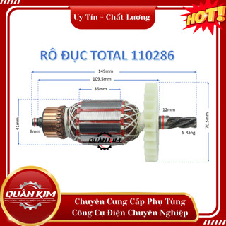 Rotor/ruột máy khoan đục Total TH110286 5 răng tặng kèm chổi than tương ứng