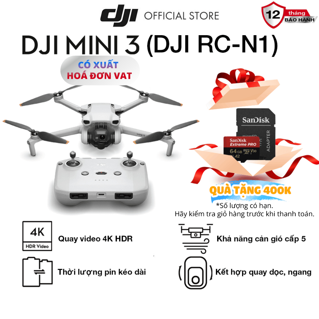 Flycam DJI Mini 3 kèm điều khiển (DJI RC-N1) nhỏ gọn, quay video chất lượng cao 4K HDR