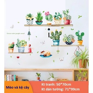 Tranh decal dán tường mèo và kệ cây cho bé - decal dán tường️
