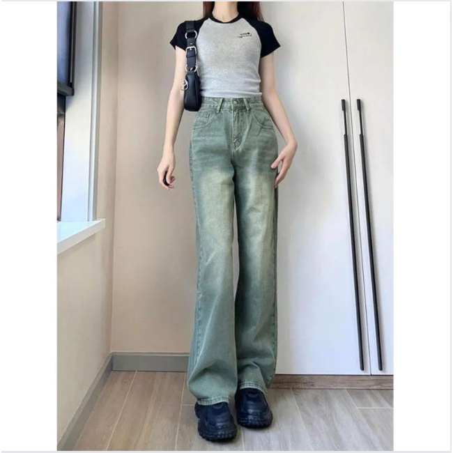 Quần Jean Nữ Retro Wash Mèo Màu Xanh Rêu Kiểu Dáng Suông Rộng Phong Cách Trẻ Trung