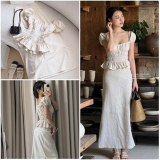 Set áo peplum nhún eo kèm chân váy midi kem lenin suông