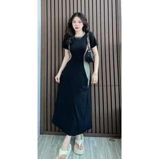 Đầm Thun Tay Ngắn Ôm Body Phối Eo Xinh Xắn, Đầm Midi Xòe Nhẹ Mặc Đi chơi Dạo Phố Sang Chảnh