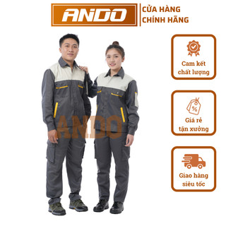 Quần áo bảo hộ lao động AD01K, vải kaki 3/1, màu xám đậm phối ghi, tùy chọn túi khóa