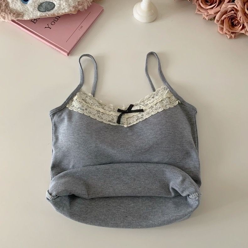 Áo 2 Dây Dệt Kim, Áo Kiểu CÓ MÚT ĐỆM Viền Ren Đính Nơ Ngực Dáng Croptop Ôm Body Vải Cotton Mềm Mại Hàn Quốc Orangecloset | BigBuy360 - bigbuy360.vn