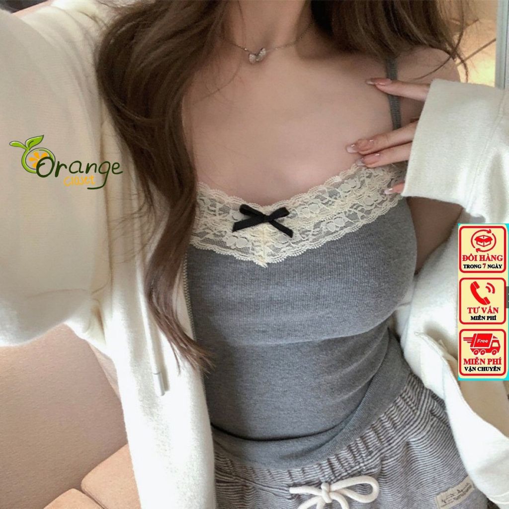 Áo 2 Dây Dệt Kim, Áo Kiểu CÓ MÚT ĐỆM Viền Ren Đính Nơ Ngực Dáng Croptop Ôm Body Vải Cotton Mềm Mại Hàn Quốc Orangecloset | BigBuy360 - bigbuy360.vn