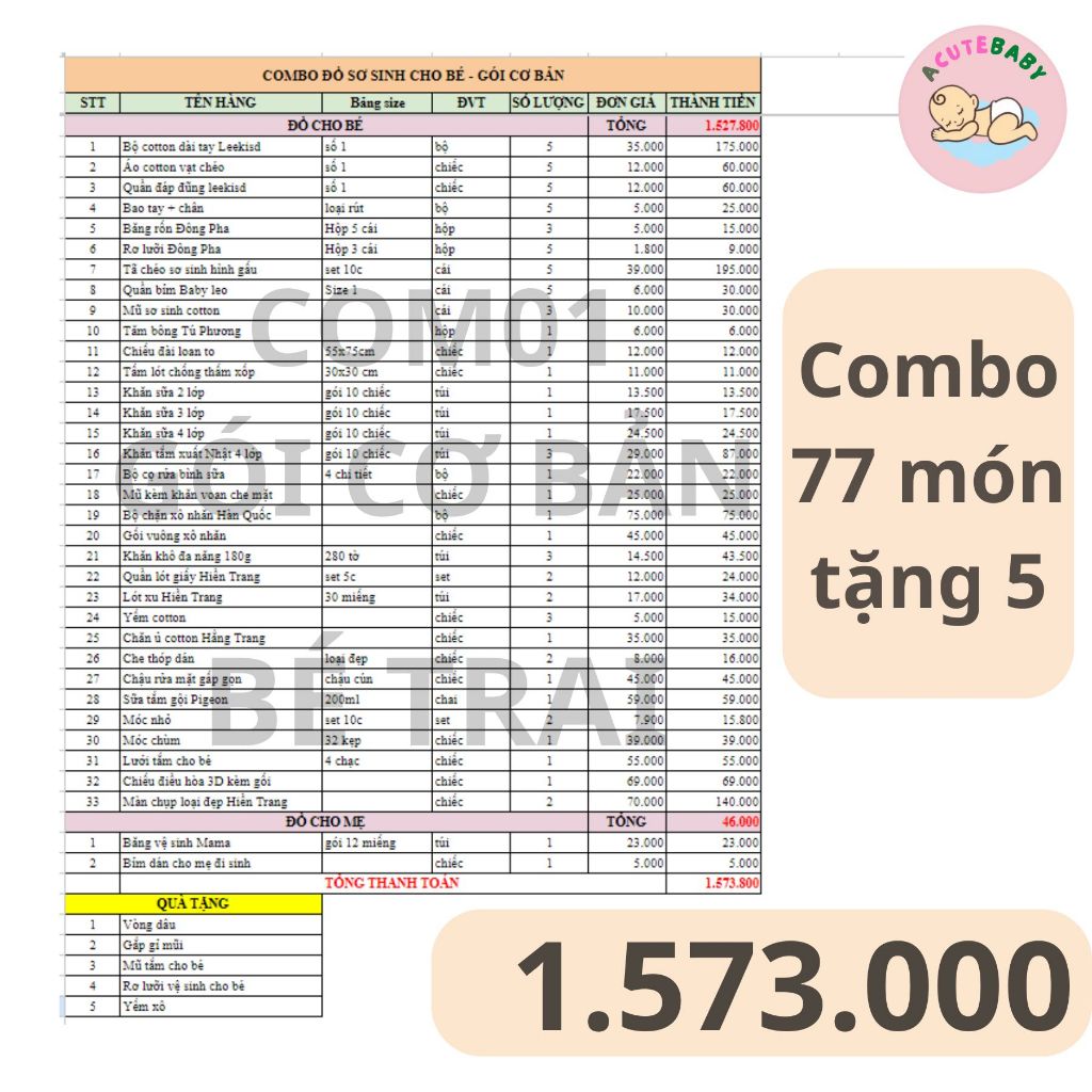 Combo mini Đồ sơ sinh cho bé (combo mới)