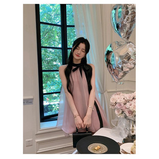Đầm voan yếm hồng cổ đen cộc tay