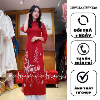 Áo dài lụa màu đỏ hoạ tiết thêu tay nổi bật - sale