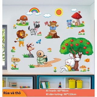 Tranh decal dán tường rùa và thỏ cho bé - decal dán tường️