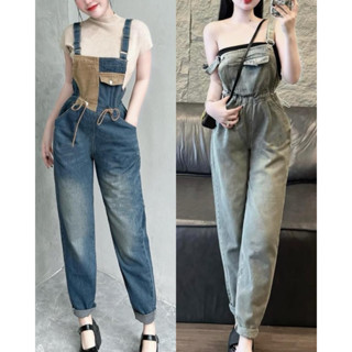 Yếm Jean Hai Dây Dài Rút Eo Một Túi Quần Yếm Bò Giáng Dài Phối Họa Tiết Nhún Eo Không Giãn Dành Cho Nữ