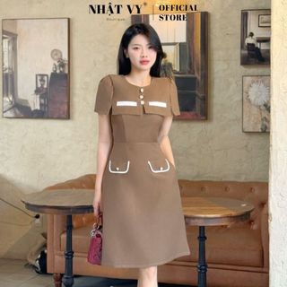 Đầm dự tiệc Nhật Vy cổ tròn dáng xoè đính nút chất lụa phù hợp công sở dạo phố thanh lịch sang chảnh - D2990